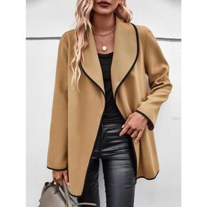 Contrast Binding Shawl Collar Open Front Overcoat pea coat tan camel